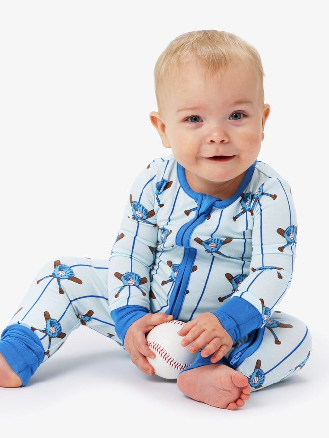RuggedButts - Softsnooze™ Baby Bamboo Viscose Blue Batter Up Baseball Convertible One Piece Footie Pajama