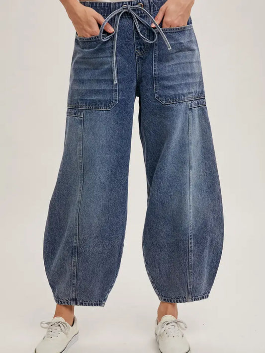 Denim Mid-Waist Drawstrings Barrel Jeans