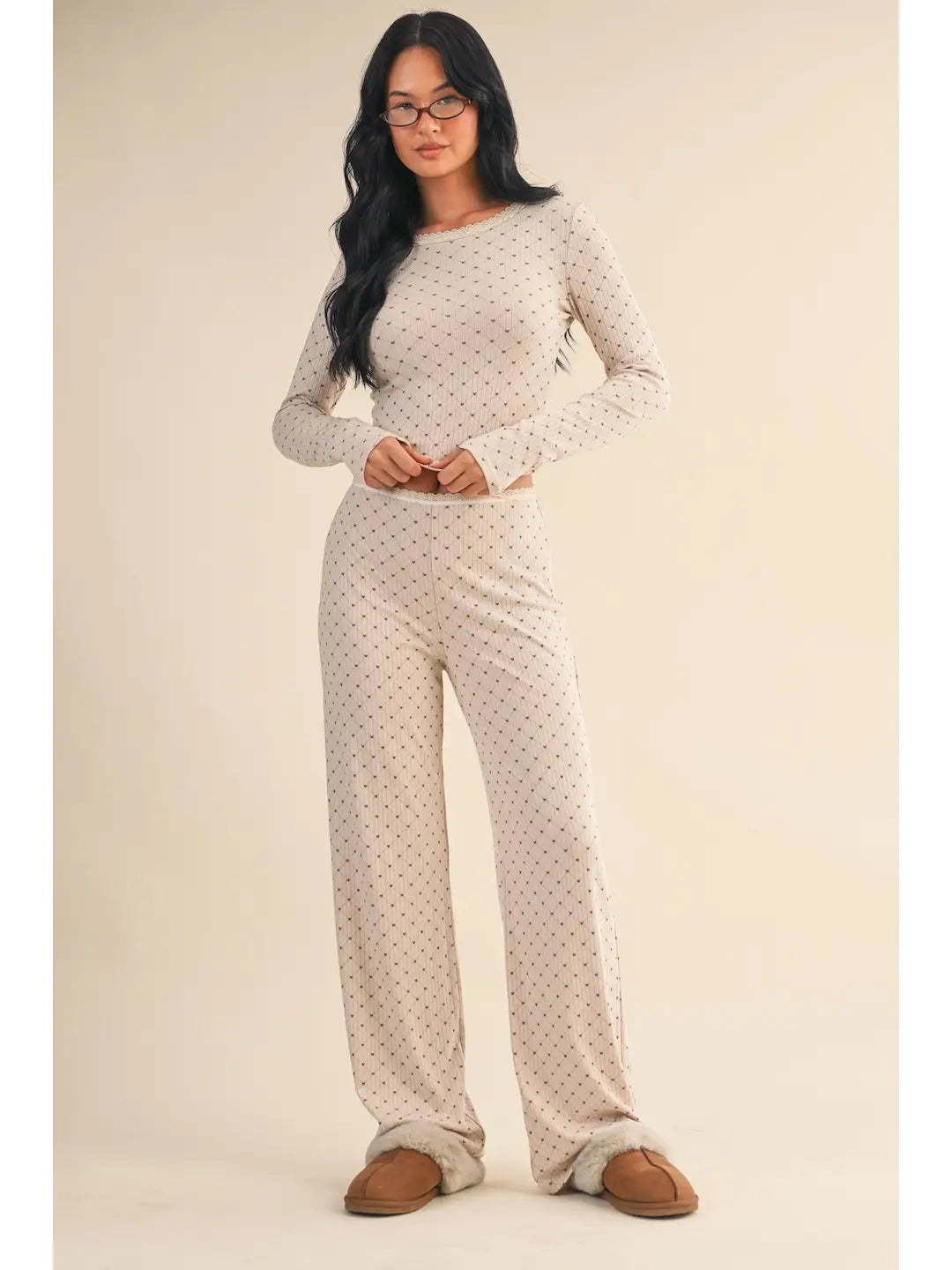 Heart Print Pointelle Lounge Set with Picot Lace Trim