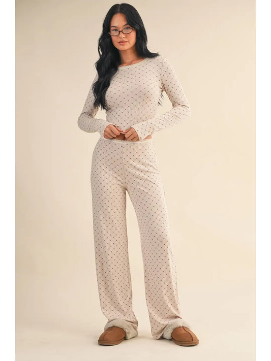 Heart Print Pointelle Lounge Set with Picot Lace Trim