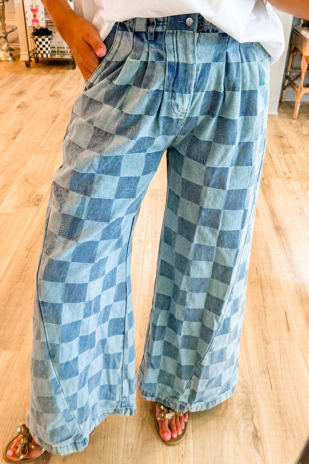 Checkered Denim Wide Leg Jeans