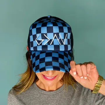 God Is Greater Than Highs and Lows Checkered Trucker Hat Blue Checker