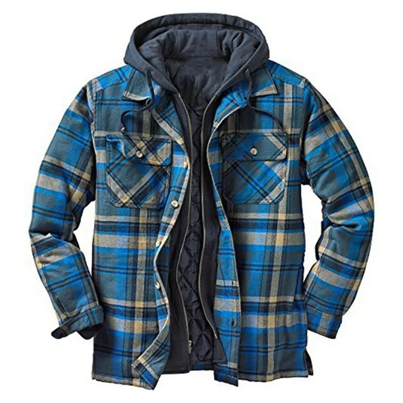 Men Autumn And Winter Classic Plaid Cotton Long Sleeve Hooded Shirt Jacket