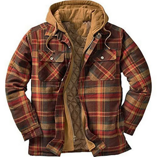 Men Autumn And Winter Classic Plaid Cotton Long Sleeve Hooded Shirt Jacket