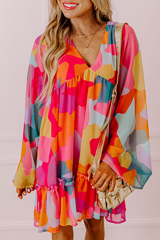 Abstract Print Bell Sleeve V Neck Babydoll Dress