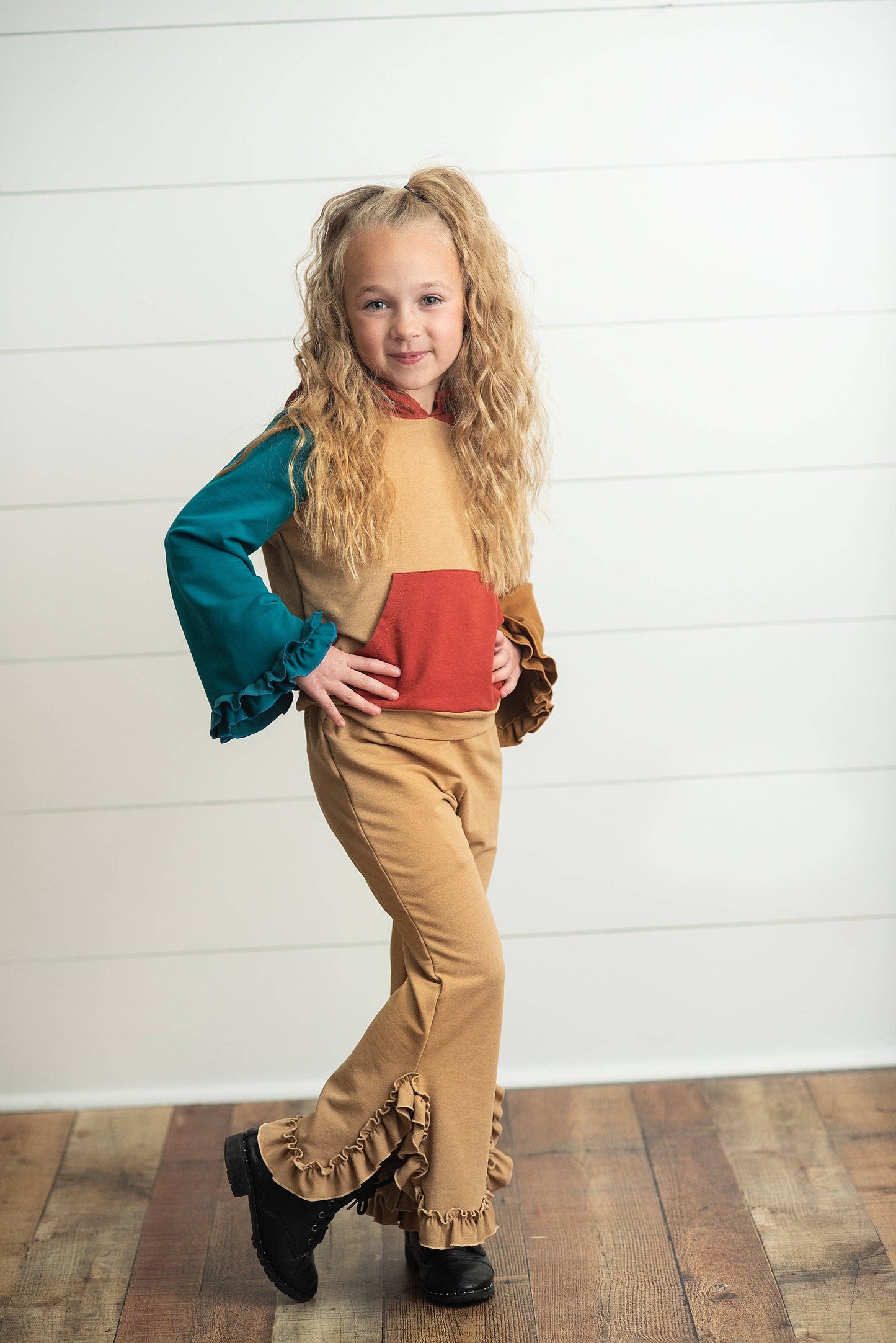 Kids Rust & Brown Fall Color Block Hooded Ruffle Pocket Set