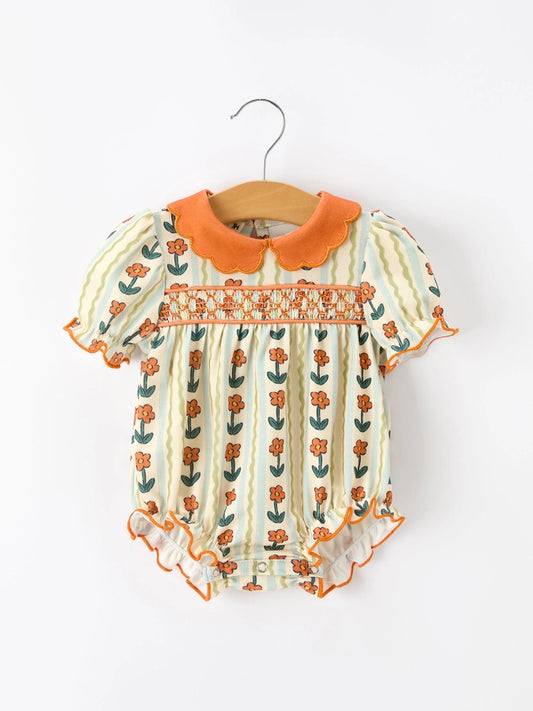 Rylee Faith Designs - Fall Floral Stripe Baby Romper Petals Collar Smocked Puff Sleeve