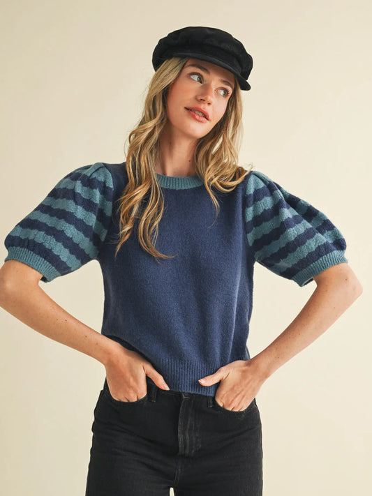 Contrast Striped Puff Sleeve Sweater