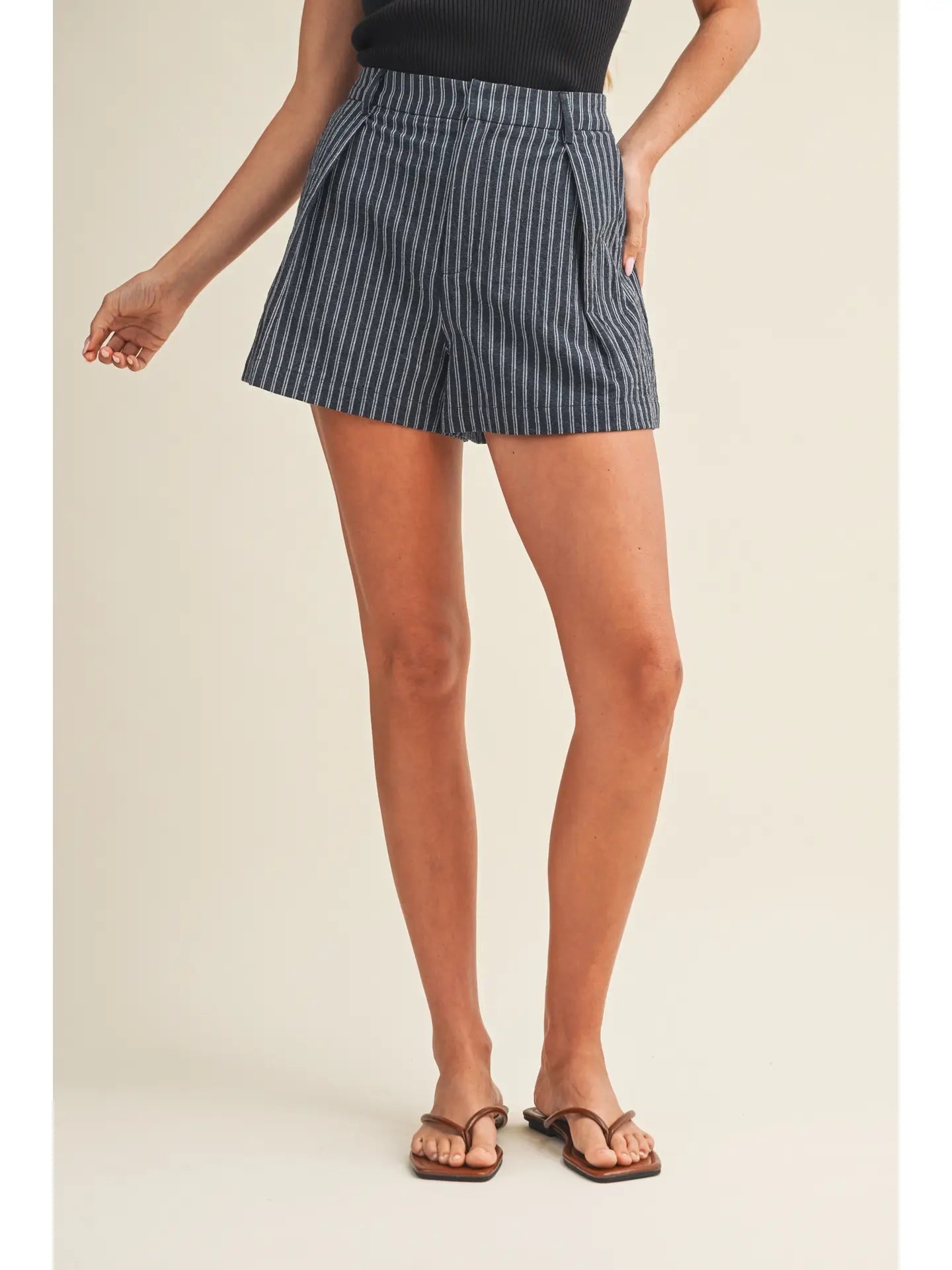 Pleated High-Waist Vertical Stripe Shorts