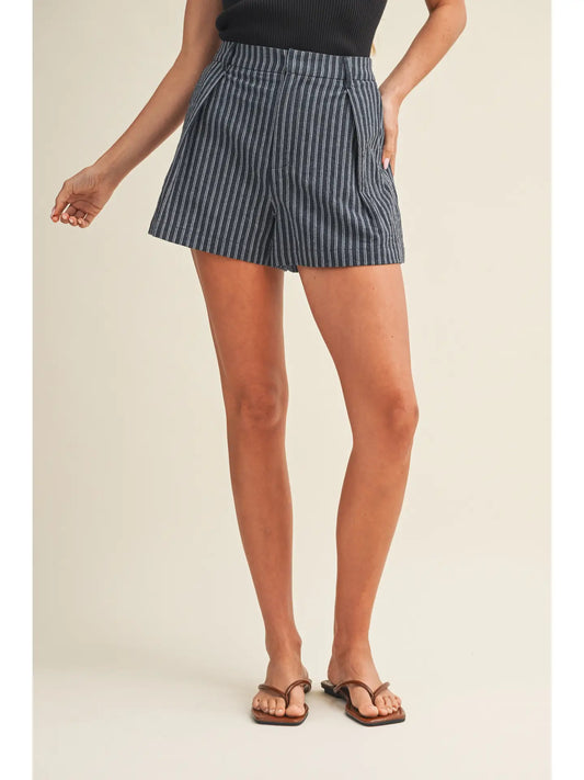 Pleated High-Waist Vertical Stripe Shorts