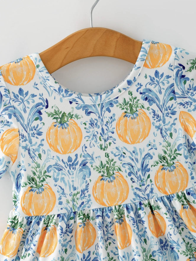 Rylee Faith Designs - Fall Girls Pumpkin Patch Dress Lace Trim with Pockets