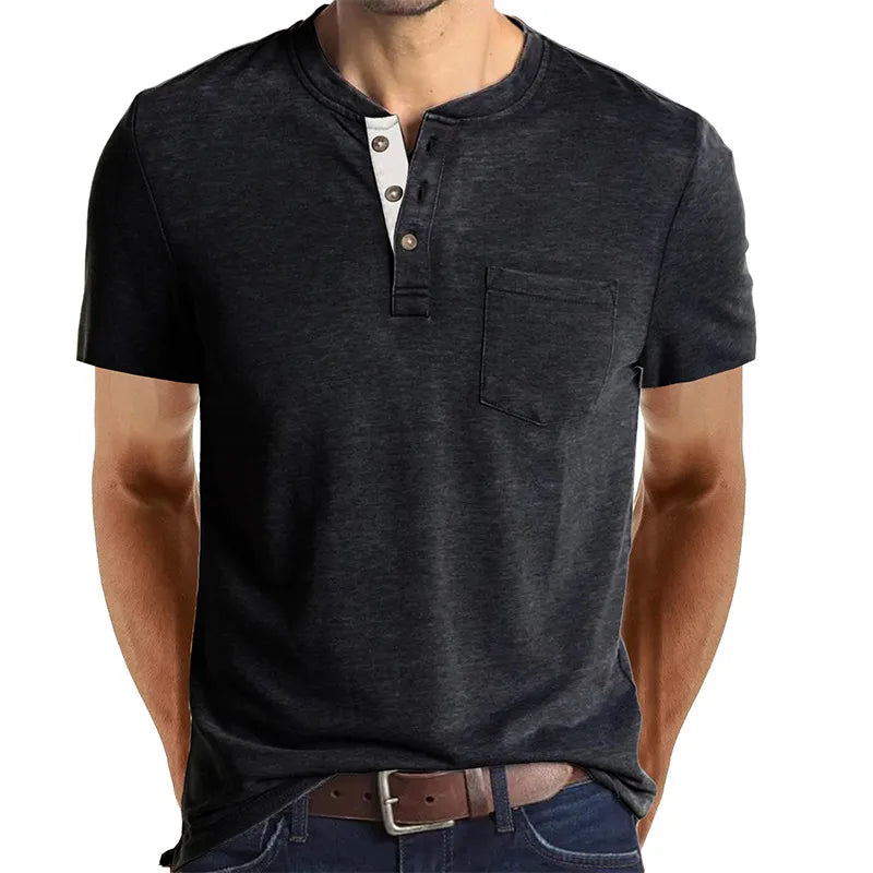 Men Casual Round Neck Button Short Sleeve Pocket Solid Color Polo T-Shirt