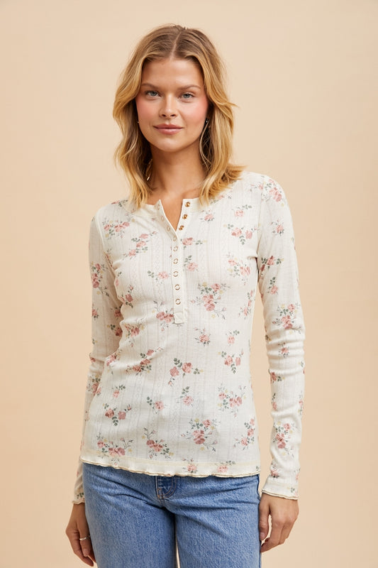 Floral Henley Snap Long Sleeve Top