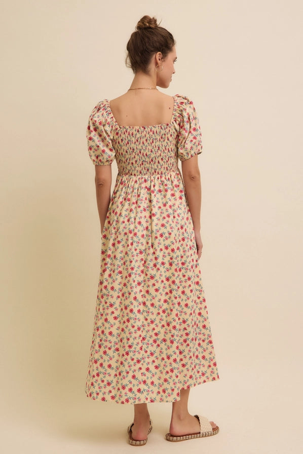 Cotton Poplin Floral Smocked Midi Dress