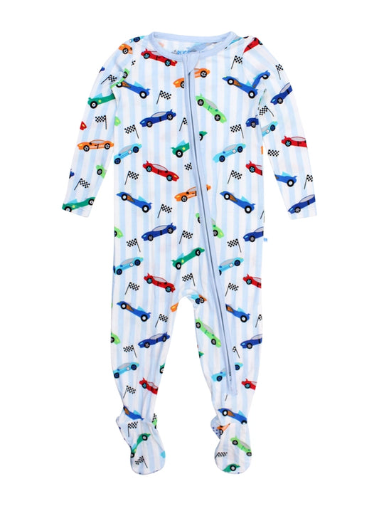 RuggedButts - Softsnooze™ Baby Bamboo Viscose Let's Roll Racecars Footed One Piece Pajama