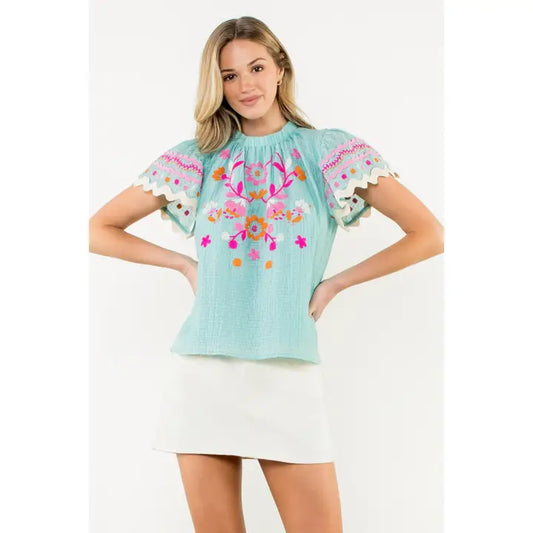 Flutter Sleeve Embroidered Detail Textured Top