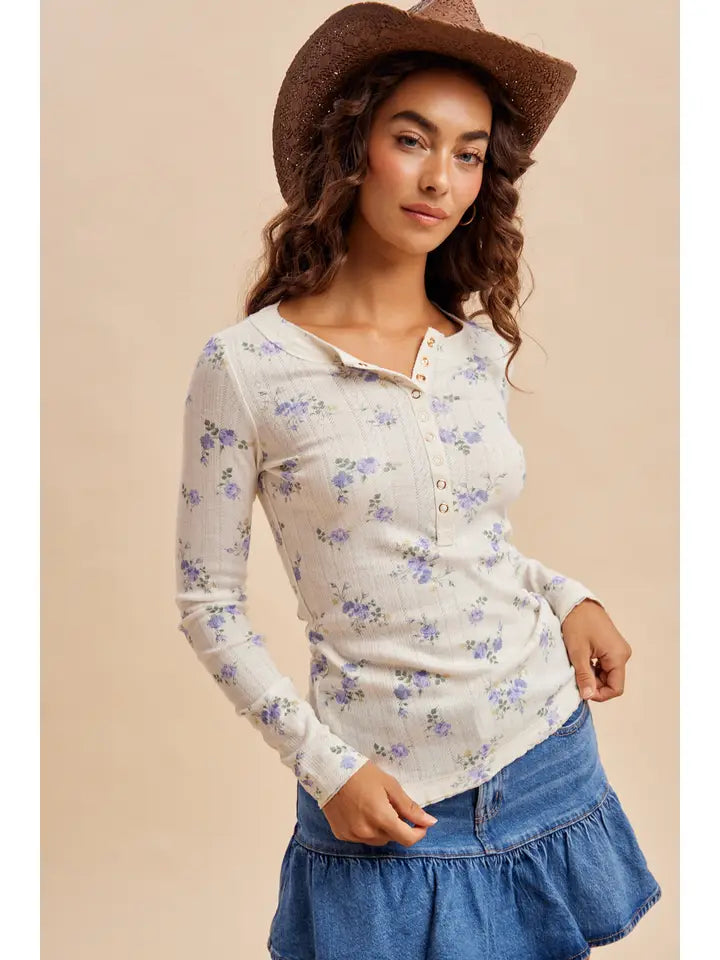 Floral Henley Snap Long Sleeve Top