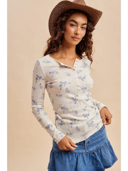 Floral Henley Snap Long Sleeve Top