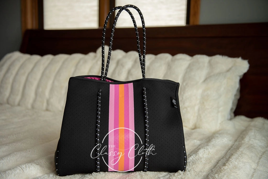 Beach Bag - Black w/ Hot Pink & Orange Stripe