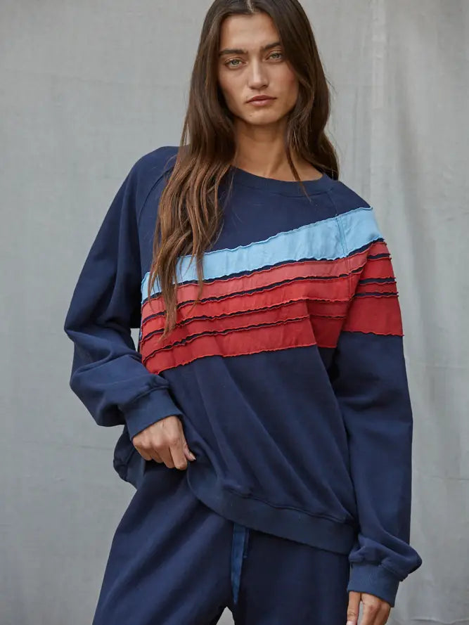 Knit Cotton Crew Multi Color Stripe Detail Top