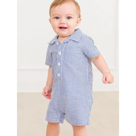 Baby Boys Classic Blue Seersucker Button-Up Romper