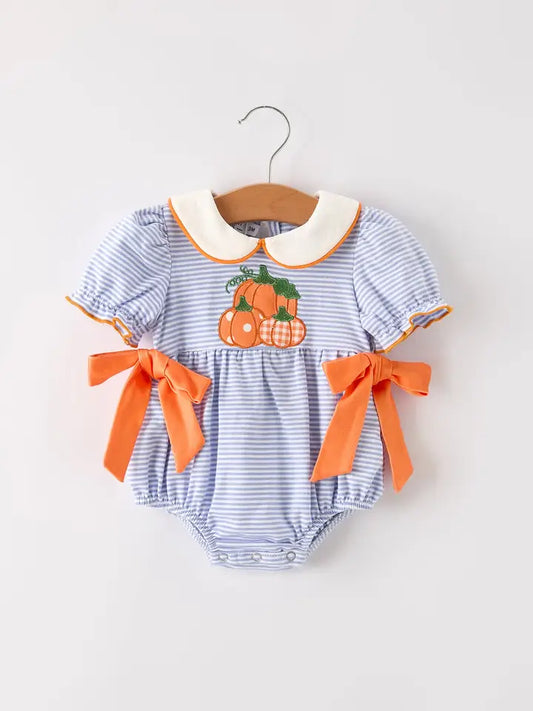 Fall Thanksgiving and Halloween Lapel Stripe Pumpkin Applique Bow Girls Romper