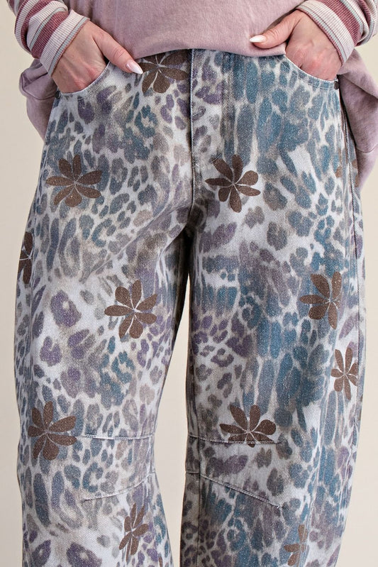 ANIMAL PRINTED WASHED TWILL BARREL PANTS