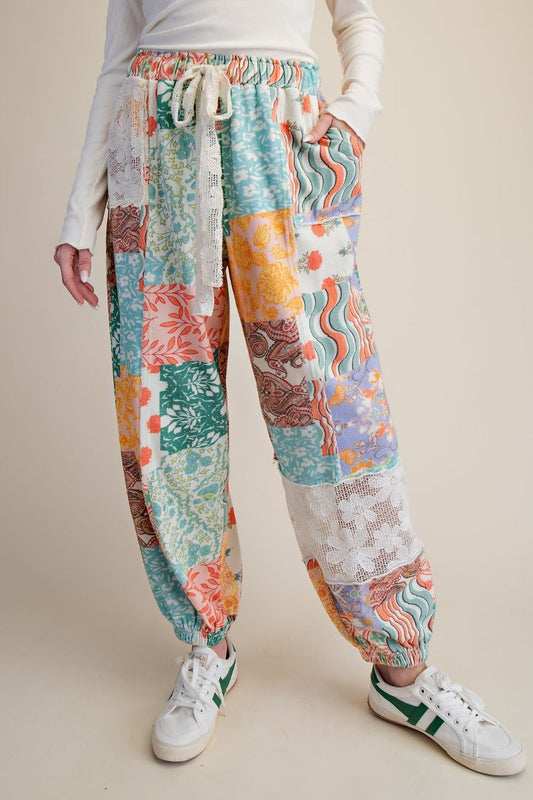 PATCHWORK PRINT WASHED TERRY PANTS