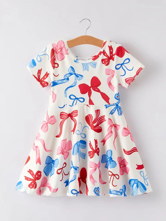 4th of July Color Bow Printed Short Sleeves Dress