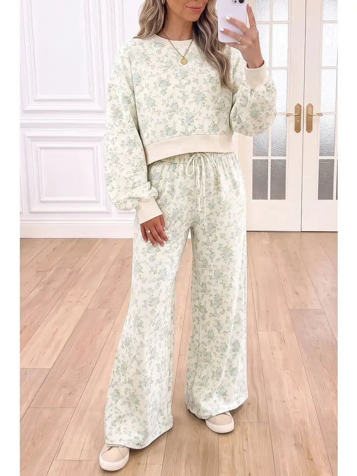 Floral Print Long Sleeve Top Drawstring Pants Set