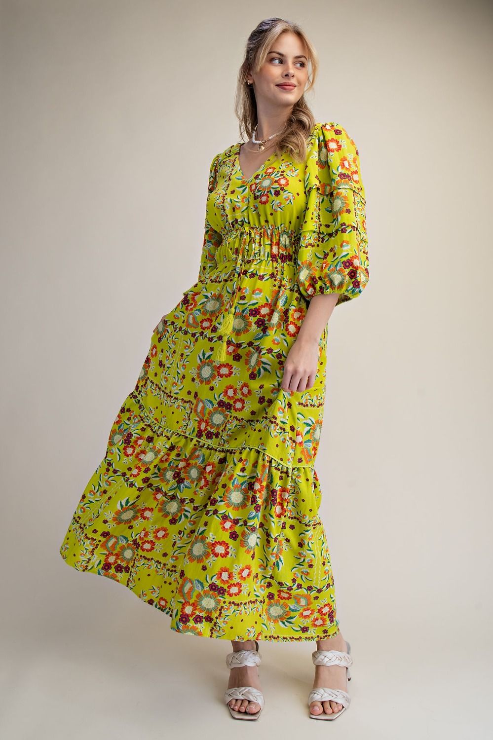 FLORAL PRINTED RAYON NYLON MAXI DRESS