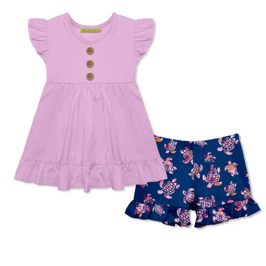 Girls Lilac Angel-Sleeve Top & Mosaic Turtle Ruffle Shorts