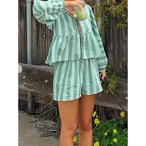 Tie Center Long Sleeve Top and Shorts Set