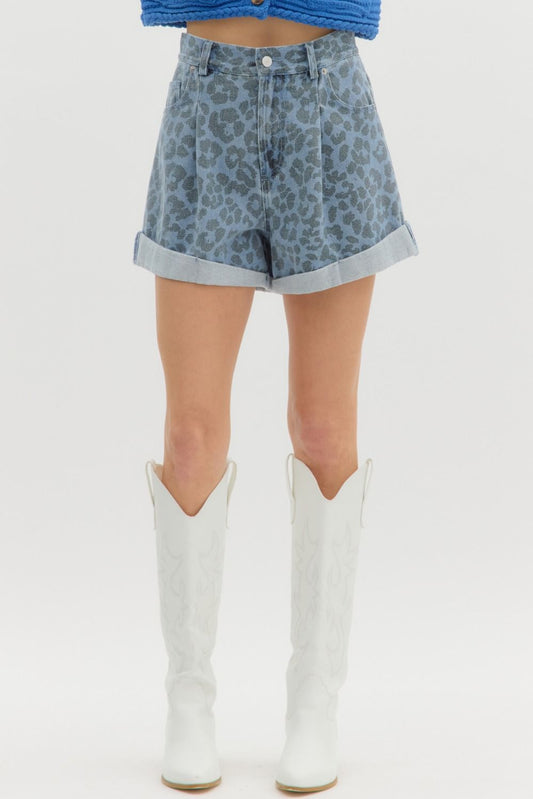 Leopard print high waist denim shorts
