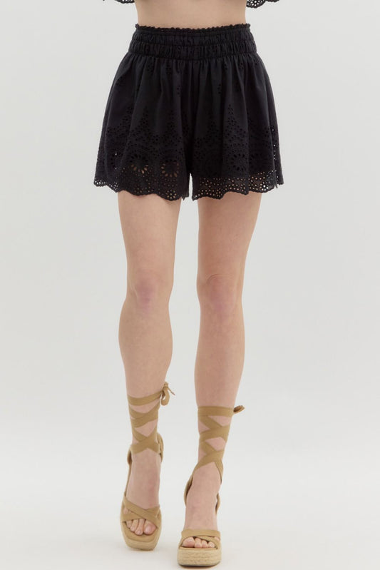 Medallion Eyelet Hem Pull-on Shorts