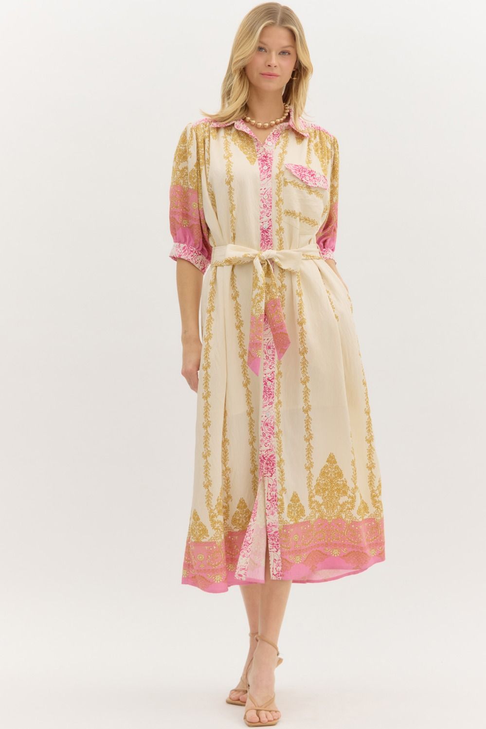 Accent Print Band Sleeve Midi Dress