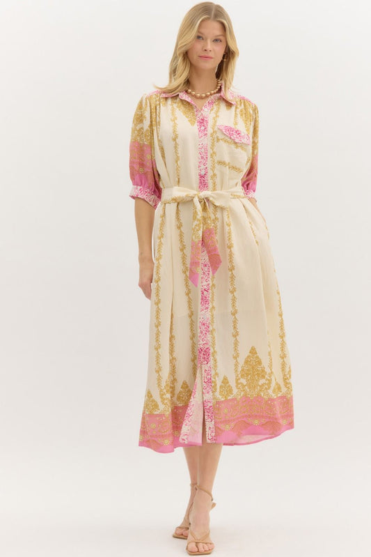 Accent Print Band Sleeve Midi Dress