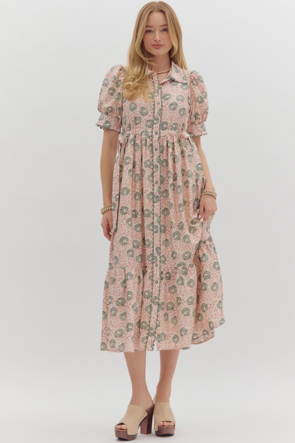 Floral print button front closure midi dress