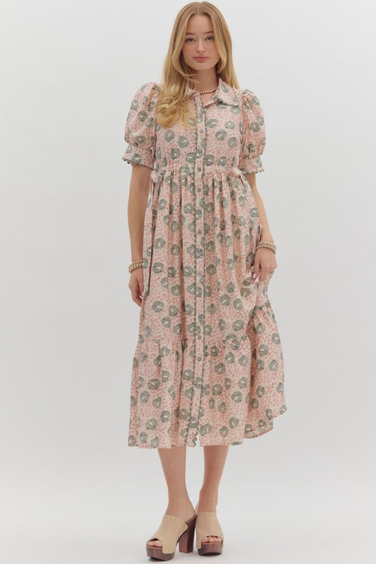 Floral print button front closure midi dress
