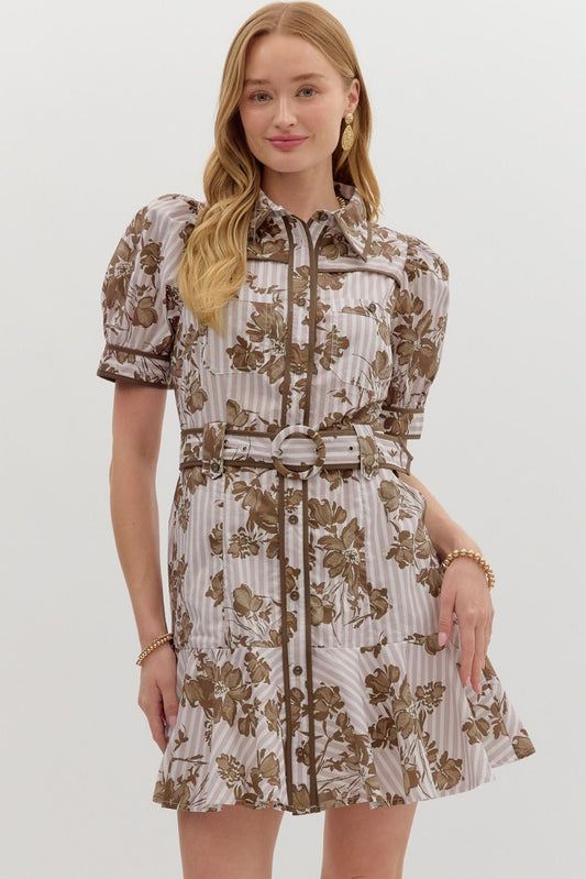 Floral stripe pattern cuff band short puff sleeve flounce hem mini dress