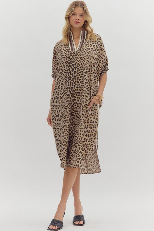 Leopard High Collar Midi Dress