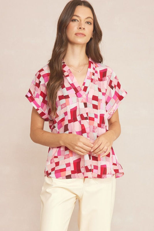 Printed V-neck short sleeve top