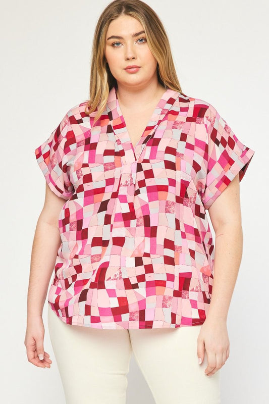 Printed V-neck short sleeve plus size top
