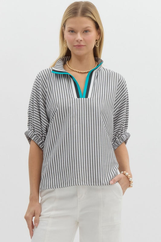 Stripe Pattern High Neck Blouse