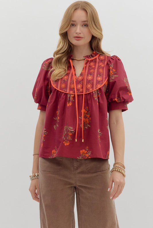 Floral Print Cuff Bubble Sleeve Blouse