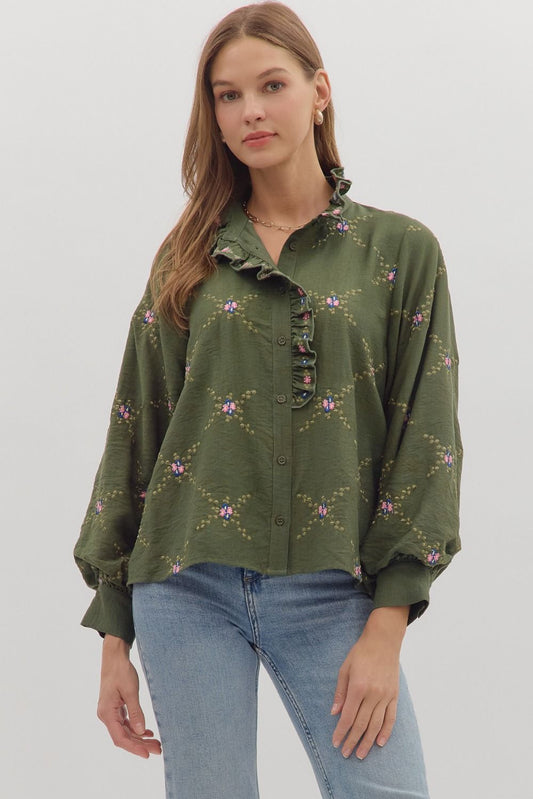 Floral embroidery long sleeve button-down top