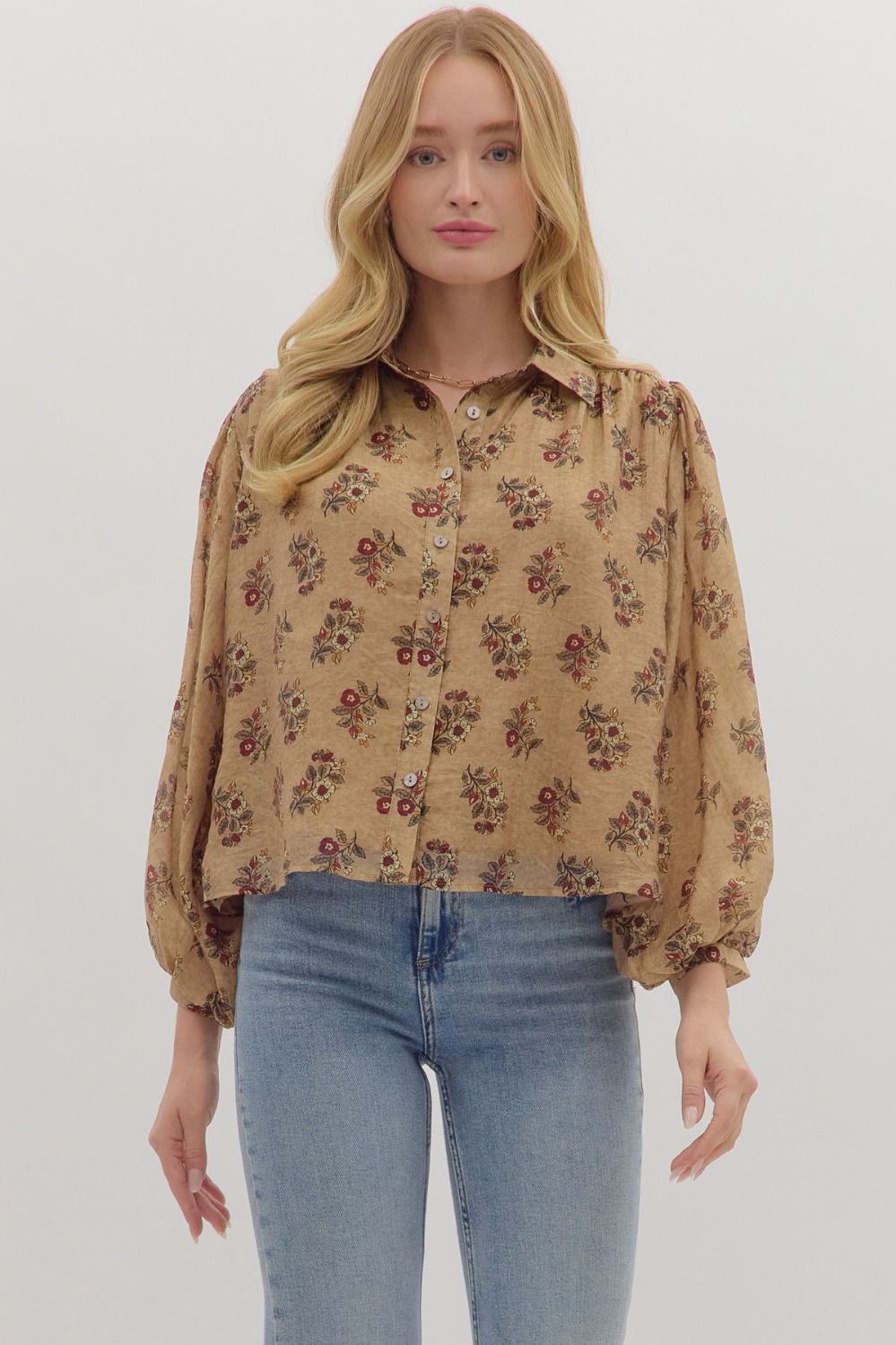 Botanical print long sleeve button-down top