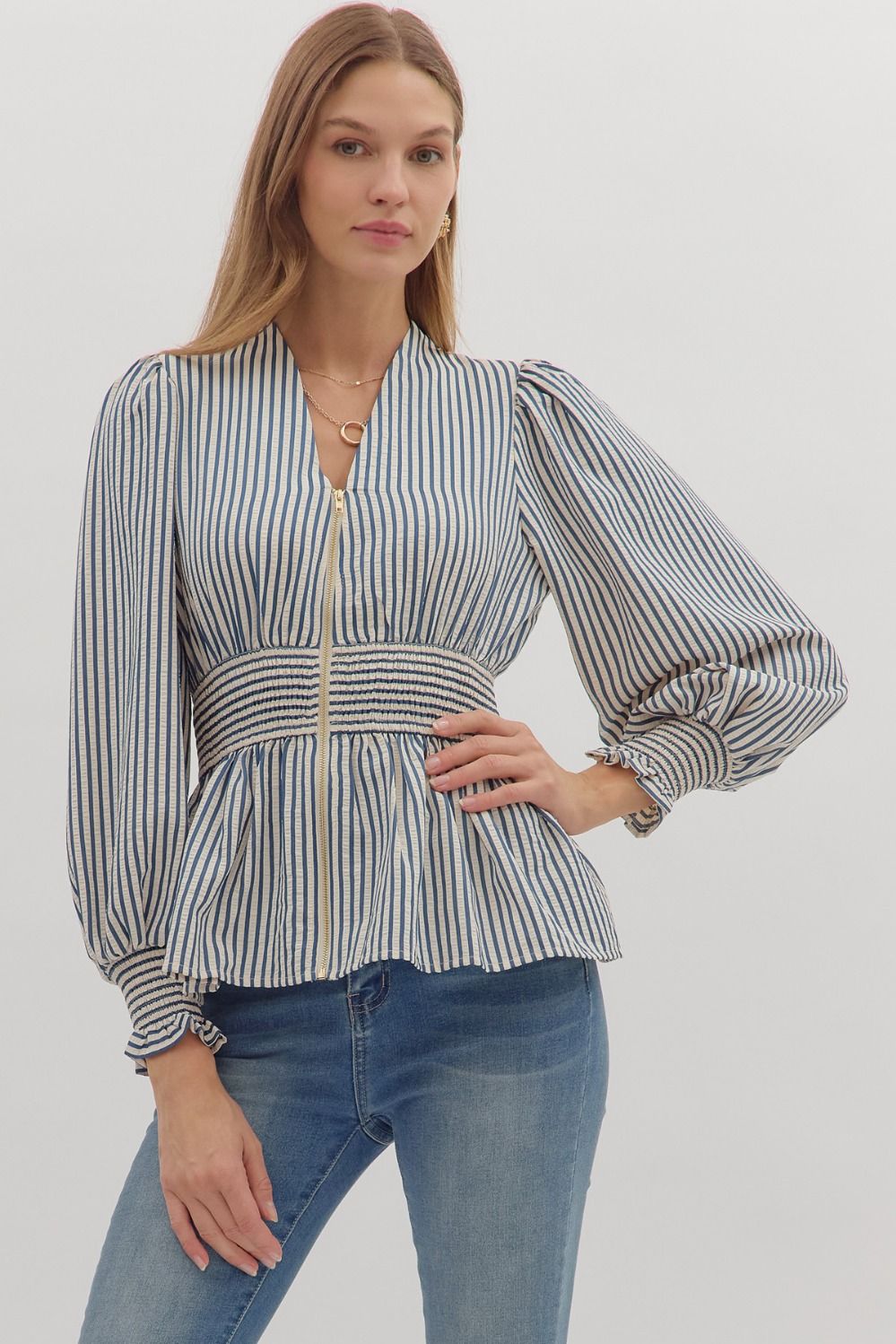 Stripe print long sleeve peplum top