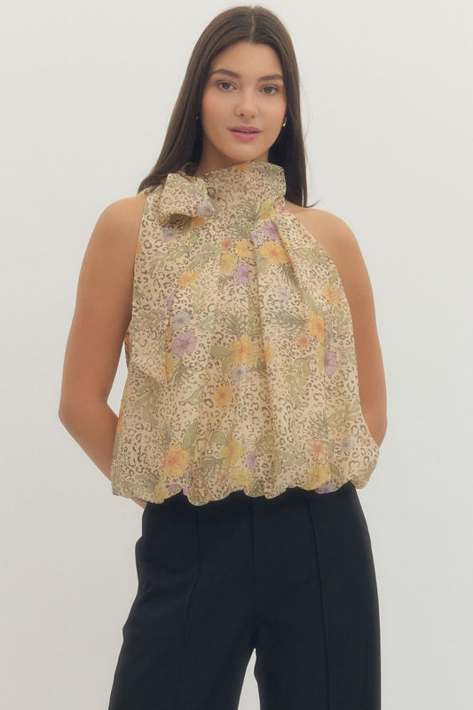 SLEEVELESS MIXED PRINT HALTER TOP