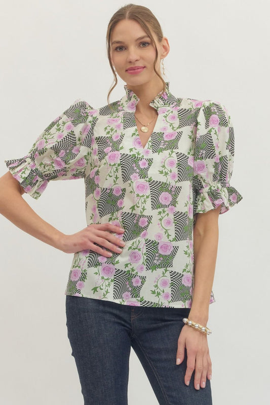 SHORT PUFF SLEEVE PRINTED TOP